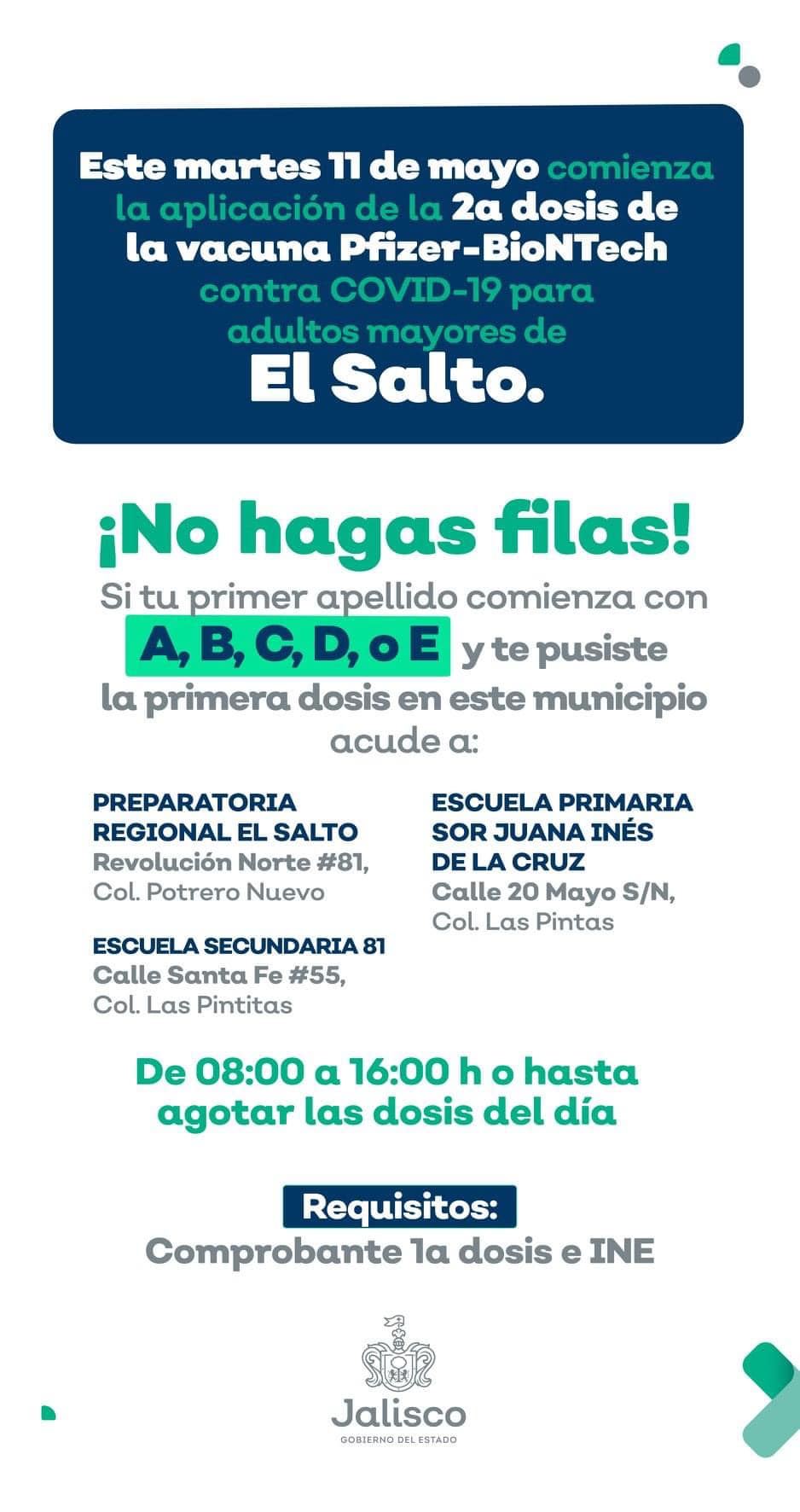 En tres sedes, este 11 de mayo inicia vacunación de segunda dosis en El Salto